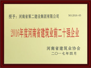 2016年度河南省建筑业前二十强企业